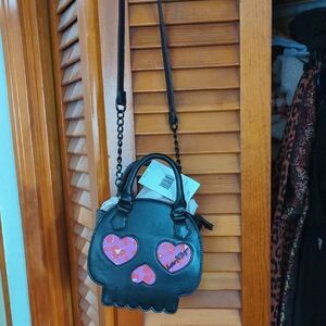 Betsey Johnson Black Mini Bag with Pink Hearts